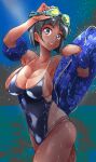  1girl :d absurdres arms_up black_hair blue_eyes blue_innertube blue_swimsuit blush bob_cut breasts casual_one-piece_swimsuit covered_navel goggles goggles_on_head hair_ornament hairclip highres innertube kirigaya_suguha large_breasts looking_at_viewer night night_sky ocean one-piece_swimsuit open_mouth outdoors partially_submerged school_swimsuit shiny shiny_hair shiny_skin short_hair sideboob sky smile solo standing star_(sky) starry_sky swimsuit sword_art_online tan tanlines undersized_clothes wading water wet yazawa_mana 
