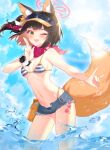  1girl ;d animal_ear_fluff animal_ears armpits bare_arms bare_shoulders bikini black_hair blue_archive blue_shorts breasts contrapposto cutoffs denim denim_shorts eyeshadow fang fox_ears fox_girl fox_shadow_puppet fox_tail hair_ornament halo highleg highleg_bikini highres izuna_(blue_archive) izuna_(swimsuit)_(blue_archive) kuji-in large_tail looking_at_viewer makeup micro_shorts navel official_alternate_costume one_eye_closed one_side_up open_fly open_mouth ranya_(artiraia) scarf scrunchie short_hair shorts small_breasts smile solo standing stomach string_bikini striped striped_bikini sunlight swimsuit tail thighs visor_cap wading water wrist_scrunchie yellow_eyes 
