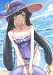  1girl absurdres alternate_costume bangs bare_arms beach breasts choker cleavage day enqiddo eyewear_on_headwear frilled_choker frilled_swimsuit frills genshin_impact green_eyes grin hat highres holding holding_innertube innertube long_hair medium_breasts mona_(genshin_impact) ocean one-piece_swimsuit outdoors purple_headwear sand smile solo sparkle star_(symbol) summer sun_hat swept_bangs swimsuit twintails very_long_hair water white_choker wristband 
