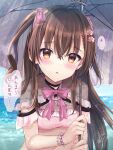  1girl :o ahoge bangs bikini blurry blurry_background blush bow breasts brown_hair capelet commentary_request day depth_of_field flower frilled_bikini frilled_capelet frills grey_umbrella hair_between_eyes hair_bow hair_flower hair_ornament hairclip holding holding_umbrella horizon long_hair looking_at_viewer maruma_(maruma_gic) ocean original outdoors parted_lips pink_bikini pink_bow pink_flower red_eyes small_breasts solo swimsuit translation_request two_side_up umbrella upper_body very_long_hair water 