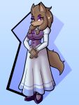 age_difference anthro brown_body canid canine canis clothing dress fan_character female footwear fours_(artist) hi_res high_heels lipstick looking_at_viewer makeup mammal marianne_the_wolf older_female purple_eyes sega shoes solo sonic_the_hedgehog_(series) topwear vest wolf