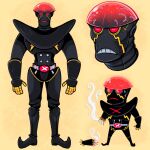  1boy belt boots brain commentary cyborg dome english_commentary exposed_brain glass glowing glowing_eyes hakaider highres jinzou_ningen_kikaider kikaider_(series) mechanical_arms mostlyghostly red_eyes robot simple_background single_mechanical_arm smoke smoke_trail sweat teeth toon_(style) wire 