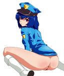  anus ass blue_hair boots bottomless censored hat hou_(hachiyou) looking_back miniskirt_police no_panties police police_uniform policewoman pussy red_eyes short_hair solo squatting uniform 
