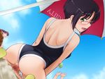  2girls :d arms_up ass back ball bangs beach beach_umbrella beachball black_hair blue_swimsuit blush buried censored clothed_sex cloud competition_school_swimsuit day faceless faceless_female from_behind from_below furuhashi_chinatsu game_cg girl_on_top glasses green_eyes happy_sex hetero kiriyama_taichi looking_at_viewer looking_back mosaic_censoring multiple_girls nose_blush one-piece_swimsuit open_mouth outdoors parted_bangs penis ponytail pov public purple_hair pussy reverse_cowgirl_position rimless_eyewear sand sandals sex short_hair sky smile soga_kaede solo_focus stealth_sex straddling sweet_home swimsuit swimsuit_aside testicles umbrella vaginal 