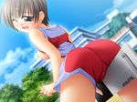  ass breasts brown_hair crotch_rub day eyebrows_visible_through_hair game_cg masturbation medium_breasts nipples okanobu_saki open_mouth outdoors purple_eyes saliva settai_club short_hair solo sportswear 