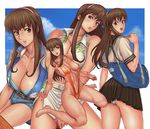  ass bad_id bad_pixiv_id bag barefoot blue_eyes blush bra breasts brown_hair cleavage dead_or_alive hairband hitomi_(doa) huge_breasts ibanen large_breasts lingerie long_hair multiple_views muscle navel shorts sitting skirt slingshot_swimsuit swimsuit underwear wariza 