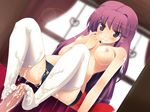  assertive black_panties blush breasts cameltoe censored cum cum_on_body cum_on_lower_body ejaculation footjob large_breasts lingerie nipples panties patchouli_knowledge penis purple_eyes purple_hair sitting smile solo_focus teruteru-deru thighhighs touhou underwear white_legwear 