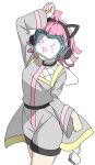  &gt;_&lt; 1girl :d ahoge animal_ear_headphones animal_ears arm_up bien_(djpwjd1) blunt_bangs blunt_ends cat_ear_headphones clenched_hands commentary cowboy_shot dot-matrix fake_animal_ears grey_jumpsuit headphones highres jumpsuit kishimen_hair long_sleeves love_live! love_live!_nijigasaki_high_school_idol_club masked medium_hair official_alternate_costume pink_hair rina-chan_board short_jumpsuit simple_background smile solo tennoji_rina tsunagaru_connect_(love_live!) white_background xd 