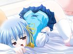  bed blue_hair blush game_cg hair_ribbon himuro_suzune imouto_watashi_donna_koto_datte... masturbation non-web_source panties panties_around_one_leg pillow purple_eyes ribbon school_uniform skirt skirt_lift solo thighhighs top-down_bottom-up underwear 