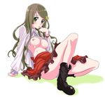 apron arm_support axis_powers_hetalia bad_id bad_pixiv_id blouse blush boots breasts brown_hair cum cum_on_body cum_on_breasts cum_on_upper_body finger_in_mouth flower green_eyes hair_flower hair_ornament hungary_(hetalia) large_breasts long_hair long_legs long_sleeves no_bra shirt_lift shoes sitting skirt solo toru_k 