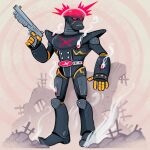  battle_damage belt boots brain cartoonized commentary cyborg dome english_commentary exposed_brain glowing glowing_eyes gun hakaider highres holding holding_gun holding_weapon jinzou_ningen_kikaider kikaider_(series) mostlyghostly red_eyes robot rubble toon_(style) weapon 