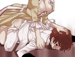  1girl anal breasts brown_eyes brown_hair cleavage clothed_sex code_geass cum cum_in_ass cum_in_pussy cum_on_floor doggystyle dress femdom futa_with_male futanari hand_on_another's_head implied_futanari jacket kallen_stadtfeld kururugi_suzaku large_breasts no_testicles pants sex shiraishi_asuka short_sleeves tears torn_clothes torn_pants white_jacket white_pants yellow_dress 