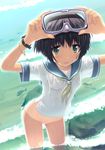  :p black_hair bottomless copyright_request diving_mask fish goggles green_eyes leaning_forward ocean one-piece_tan rock school_uniform see-through serafuku shirt short_hair solo tan tanline tongue tongue_out wading watch water wet wet_clothes wet_shirt wristwatch yamabuki_zarame 