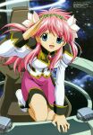  1girl :d blue_eyes crease flower galaxy_angel hair_flower hair_ornament highres koga_makoto long_hair long_sleeves looking_at_viewer magazine_scan megami_magazine milfeulle_sakuraba official_art pink_hair salute scan skirt smile solo space 