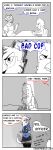  2017 absurd_res anthro avian bird black_nose bottomwear bound canid canine canis canisfidelis cheek_tuft clothed clothing comic crossdressing cuff_(restraint) dialogue duo english_text eye_through_hair eyebrow_through_hair eyebrows eyes_closed eyewear facial_tuft felid front_view glasses grey_body hair handcuffs hi_res holding_object humor legwear looking_at_another looking_down male mammal metal_cuffs monochrome multicolored_body neck_tuft okami_wolf open_mouth pantherine police_baton police_uniform ponytail restraints side_view simple_background sitting skirt solo speech_bubble stockings striped_body stripes teeth text tiger tongue translucent translucent_hair tuft two_tone_body uniform vrock white_body white_hair wolf worried 