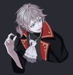  1boy afterl!fe bags_under_eyes blue_eyes brown_hair facing_to_the_side fangs grey_background highres looking_to_the_side male_focus nunya_(noot7979) open_mouth ponytail short_hair smirk solo vampire verine_(afterl!fe) 