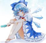  1girl barefoot blue_bow blue_dress blue_eyes blue_hair bow cirno dress food hair_bow ice ice_wings knees_up light_smile okawa_friend popsicle short_sleeves sitting solo sparkle toes touhou wings 