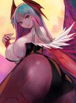  1girl artist_name ass ass_focus bat_wings breasts cleavage colored_inner_hair colored_skin commentary commentary_request curvy demon_girl demon_wings from_side gradient_hair green_eyes green_hair highres huge_ass large_breasts leotard long_hair looking_at_viewer meke_(77842928) morrigan_aensland multicolored_hair naughty_face night pantyhose pink_hair purple_pantyhose sideboob signature smile solo thick_thighs thighs twisted_torso vampire_(game) white_skin wings 