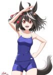  1girl ahoge animal_ears arm_up ass_visible_through_thighs bare_shoulders black_hair breasts hair_between_eyes hair_ornament hand_on_hip highres horse_ears horse_girl horse_tail kitasan_black_(umamusume) medium_breasts multicolored_hair open_mouth red_eyes short_hair signature smile solo streaked_hair t2r tail tassel tassel_hair_ornament teeth tracen_swimsuit umamusume upper_teeth white_background white_hair 