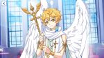 1boy afterl!fe angel angel_wings blonde_hair earrings ell_(afterl!fe) feather_earrings feathers highres jewelry looking_at_viewer male_focus official_art second-party_source shirt short_hair sleeveless sleeveless_shirt smile solo window wings yellow_eyes 