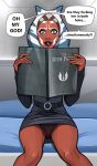  ahsoka_tano alien alien_humanoid armwear bed belt blue_eyes book clothed clothing dialogue english_text eyelashes facial_markings female furniture head_markings hi_res holding_book holding_object humanoid lekku_(anatomy) looking_at_viewer markings not_furry olenaminko panties pillow profanity sitting solo speech_bubble star_wars text togruta underwear 