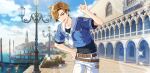  1boy afterl!fe belt blue_sky brown_eyes brown_hair cloud cloudy_sky highres licht_(afterl!fe) looking_at_viewer male_focus official_art one_eye_closed open_mouth pants sailor_collar sailor_shirt second-party_source shirt short_hair sky solo 