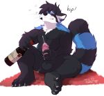  absurd_res alcohol anthro balls belly beverage big_belly black_balls black_body black_fur black_nose black_stripes black_tail blue_body blue_fur blue_stripes blue_tail blush bodily_fluids bottle bubble cheek_tuft claws cum cum_on_ground cum_on_leg cum_on_own_leg cum_on_self cumshot drunk drunk_bubble ejaculation elbow_tuft erection eyes_closed facial_tuft fur genital_fluids genitals glans grey_claws hi_res holding_bottle holding_object humanoid_genitalia humanoid_penis looking_pleasured male mammal markings masturbation neck_tuft orgasm overweight overweight_anthro overweight_male pache_riggs penile penile_masturbation penis pink_glans pink_penis procyonid raccoon shoulder_tuft signature simple_background smile solo striped_markings striped_tail stripes substance_intoxication tail_markings tuft white_background wine 