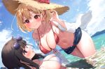 2girls :o bangs bare_shoulders bikini black_hair blonde_hair blue_sky blush bow breasts cleavage closed_mouth cloud cloudy_sky collarbone day denim denim_shorts dutch_angle eyewear_on_head front-tie_bikini front-tie_top groin hair_between_eyes hair_ribbon halterneck hat hat_bow highres inoue_takina large_breasts leaning_forward long_hair long_sleeves looking_at_another lycoris_recoil multiple_girls navel nishikigi_chisato ocean off_shoulder open_clothes open_shirt outdoors parted_lips partially_submerged purple_eyes red_bikini red_bow red_eyes red_ribbon ribbon shirt short_hair short_shorts shorts sidelocks sky smile stomach straw_hat sun_hat sunglasses suzushi_moruto swimsuit thighs unzipped wading water wet white_bikini white_shirt yuri 