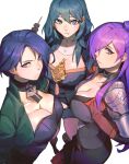  3girls armlet armor bangs berg-yb black_armor black_gloves black_hair blue_eyes breasts byleth_(fire_emblem) byleth_(fire_emblem)_(female) choker duplicate embarrassed fire_emblem fire_emblem:_three_houses fire_emblem_warriors:_three_hopes gloves hair_over_one_eye highres jacket large_breasts long_hair looking_at_viewer medium_hair multiple_girls pantyhose pixel-perfect_duplicate purple_eyes purple_hair shamir_nevrand shez_(fire_emblem) shez_(fire_emblem)_(female) shorts shoulder_armor simple_background upper_body 