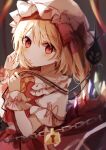  1girl blonde_hair blurry blurry_foreground broken broken_chain chain chained cuffs depth_of_field flandre_scarlet handcuffs hat highres laevatein_(touhou) looking_at_viewer mob_cap red_eyes shackles shiba_0007 short_sleeves solo touhou wings wrist_cuffs 