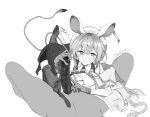  1boy 1girl all_fours animal_ears arknights bare_shoulders barefoot blush breasts bright_pupils chenjiyan_y cleavage closed_mouth clothed_female_nude_male completely_nude dorothy_(arknights) feet_up gloves greyscale handjob hetero highres large_breasts looking_at_viewer lying monochrome mouse_ears mouse_girl mouse_tail nude on_back simple_background single_thighhigh skirt smile sock_on_penis sockjob socks solo_focus spread_legs tail thighhighs thighhighs_removed white_background 