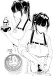  1girl absurdres apron bow breasts coffee collarbone cup hair_bow hair_intakes highres large_breasts long_hair looking_down lynus milk monochrome naoko-san original ponytail profile solo 