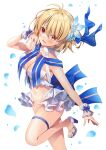  1girl arcueid_brunestud bangs bare_shoulders bikini blonde_hair blush breasts cleavage fate/grand_order fate_(series) flower hair_flower hair_ornament highres ko_yu large_breasts looking_at_viewer navel open_mouth red_eyes sandals short_hair solo swimsuit thighs tsukihime white_background white_bikini 