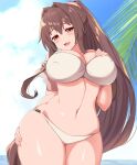  1girl bikini blush breasts brown_hair covered_nipples hair_intakes highres kantai_collection kurokoshou_(emuburemu123) large_breasts long_hair looking_at_viewer navel off_shoulder open_mouth ponytail red_eyes scrunchie smile solo swimsuit very_long_hair white_swimsuit yamato_(kancolle) 