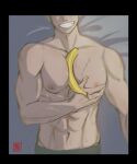  1boy abs banana bara between_pectorals food from_above fruit grabbing green_eyes green_hair grin head_out_of_frame highres large_pectorals lastel_r lying male_focus muscular muscular_male navel nipples on_back on_bed one_piece pecjob pectoral_grab pectoral_squeeze pectorals roronoa_zoro seductive_smile self_fondle short_hair smile solo stomach topless_male upper_body 