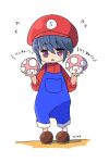  1girl blue_hair cosplay flying_sweatdrops hat holding kagamihara_nadeshiko mario mario_(cosplay) mario_(series) mint_(mintlemonade3) mushroom overalls purple_eyes shima_rin super_mushroom translated white_background yurucamp 