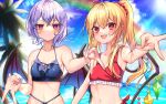  2girls :d bat_wings bikini cloud crystal demon_wings flandre_scarlet foreshortening highres looking_at_viewer low_wings multiple_girls no_hat no_headwear outstretched_arm outstretched_hand palm_tree perspective reaching_out red_eyes red_nails remilia_scarlet sky smile swimsuit touhou tree v wings yuineko 