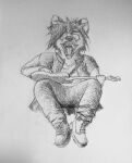  absurd_res anthro canid canine canis chin_tuft cross-hatching emo facial_hair facial_tuft goatee graphite grunge guitar hair hatching_(art) hi_res jumping long_hair male mammal midair musical_instrument open_mouth playing_guitar playing_music plucked_string_instrument shaded sketch smile solo string_instrument wolf 