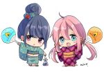  2girls ahoge bag blue_eyes blue_hair blush_stickers chibi fish goldfish hair_bun hand_fan japanese_clothes kimono long_hair mint_(mintlemonade3) multiple_girls obi paper_fan pink_hair plastic_bag purple_eyes sash shima_rin triangle_mouth twintails uchiwa white_background yukata yurucamp 