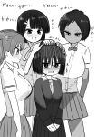  black_hair blush bob_cut breasts brown_eyes glasses headpat highres huge_breasts monochrome sweat sweating_profusely translation_request zurikishi 