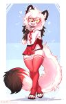  absurd_res anthro balls bodily_fluids bottomwear canid canine canis clothed clothing cum.cat digital_media_(artwork) fox fur genital_fluids genitals girly hair hi_res male mammal open_mouth penis simple_background skirt smile solo tongue 