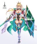  1girl armor armored_boots axe bangs blonde_hair blue_eyes blush boots breasts cleavage closed_mouth collarbone commentary_request covered_navel elf full_body gauntlets hair_ornament highleg highleg_leotard highres holding holding_sword holding_weapon large_breasts leotard long_hair looking_at_viewer mecha_musume original overskirt pointy_ears shield shiny shiny_hair shiny_skin simple_background smile standing sword takamine_nadare thigh_boots weapon white_background 