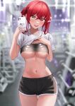  1girl absurdres alternate_costume blurry blurry_background breasts cellphone clothes_lift gym heterochromia highres holding holding_phone hololive houshou_marine large_breasts lifted_by_self nacho_(nacho_1103) navel phone red_eyes red_hair selfie shirt_lift short_shorts shorts smartphone solo sports_bra sportswear stomach sweat taking_picture thighs twintails underboob virtual_youtuber yellow_eyes 