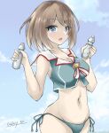  1girl bikini bikini_bottom_only blue_eyes blue_sky bottle brown_hair cloud commentary_request cowboy_shot crop_top gakky green_bikini green_shirt hair_ornament kantai_collection looking_at_viewer maya_(kancolle) maya_kai_ni_(kancolle) navel one-hour_drawing_challenge ramune sailor_collar shirt short_hair side-tie_bikini sky sleeveless sleeveless_shirt solo swimsuit white_sailor_collar x_hair_ornament 