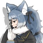  1girl animal_costume animal_ear_fluff animal_ears black_eyes blazer blue_hair dire_wolf_(kemono_friends) gloves highres jacket kemono_friends kemono_friends_v_project lipstick long_hair makeup microphone mujinamori_tamakichi open_mouth ribbon scarf simple_background solo twintails virtual_youtuber white_background white_gloves wolf_costume wolf_ears wolf_girl 