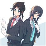  2girls bangs black_hair black_jacket black_pants blazer blue_eyes blue_hair blue_necktie blush closed_mouth collared_shirt dress_shirt formal gloves hands_up hibike!_euphonium highres jacket kasaki_nozomi liz_to_aoi_tori long_hair long_sleeves looking_at_viewer multiple_girls necktie pants parted_lips pink_eyes ponytail red_necktie sawara65 shirt smile standing suit white_gloves white_shirt yoroizuka_mizore 