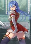  arm_guards armor ass bangs black_thighhighs blue_eyes blue_hair blush breastplate caeda_(fire_emblem) dress elbow_gloves feet_out_of_frame fire_emblem fire_emblem:_mystery_of_the_emblem garter_straps gloves hair_between_eyes highres holding holding_sword holding_weapon long_hair open_mouth panties pantyshot red_dress short_dress short_sleeves shoulder_armor sword thighhighs underwear upskirt v-shaped_eyebrows weapon white_gloves white_panties yuzuruka_(bougainvillea) 