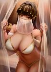  1girl absurdres bracelet breasts brown_eyes brown_hair curtains hair_ornament heart heart-shaped_pupils highres jewelry large_breasts leaning_forward long_hair looking_at_viewer lynus naoko-san navel original ring solo symbol-shaped_pupils veil 