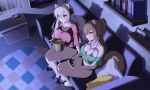  2girls :q absurdres animal_ears bare_legs bare_shoulders blush book bra_strap breasts brown_eyes brown_hair bucket character_request controller copyright_request couch crop_top food green_shirt hair_intakes highres holding holding_bucket holding_controller ia_(ias1010) indoors large_breasts long_hair midriff multiple_girls off-shoulder_shirt off_shoulder pillow ponytail popcorn red_shirt shirt short_sleeves sitting slippers smile tail thighs tongue tongue_out white_hair 