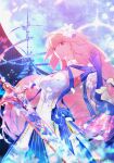  1girl archetype_earth arcueid_brunestud bangs bare_shoulders blonde_hair blue_gloves blue_skirt blush breasts castle cleavage detached_collar detached_sleeves dress elbow_gloves fate/grand_order fate_(series) flower full_moon gloves hair_flower hair_ornament highres large_breasts long_hair looking_at_viewer moon multicolored_clothes multicolored_skirt night night_sky red_eyes reluvy skirt sky solo sword tsukihime very_long_hair weapon white_dress 